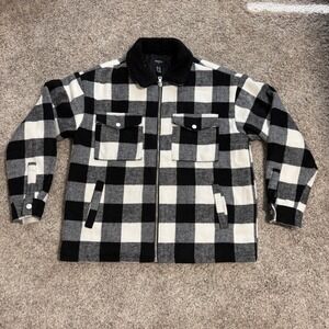 Forever 21 Men Buffalo Plaid Sherpa Collar Quilted Zip Up Jacket Black White XL